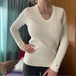 Tommy Hilfiger soft white cable knit v neck sweater